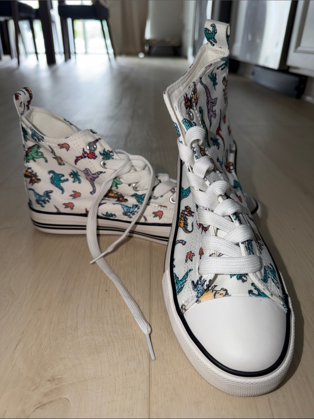 High-Top Canvas Sneakers in White with Colorful Dino Print
